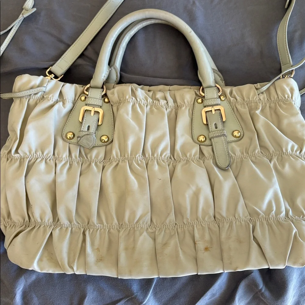 Prada Nylon Ruche Logo Plaque with Gold Hardware/ Beige - Picture 2 of 10